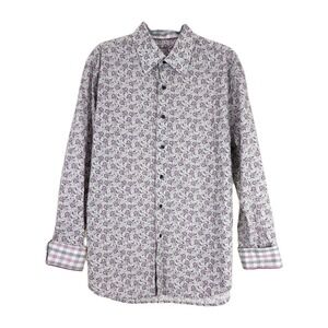 Tasso Elba Button Up Shirt Men's Large Paisley Grey Magenta Flip Cuff‎ Cotton